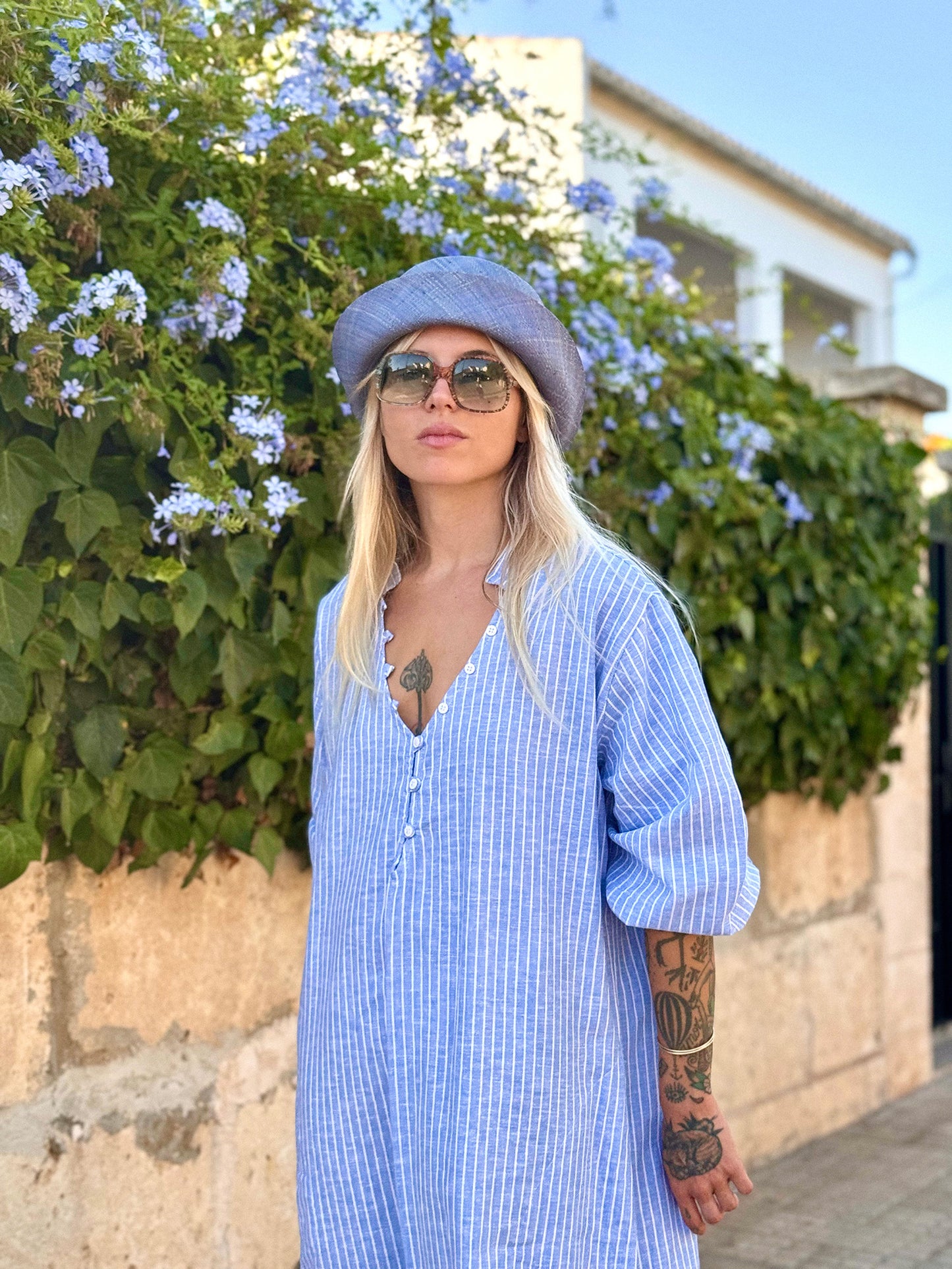 FRESNO Dress blue white stripes linen- cotton - A Peace of Ibiza® Collection Dress