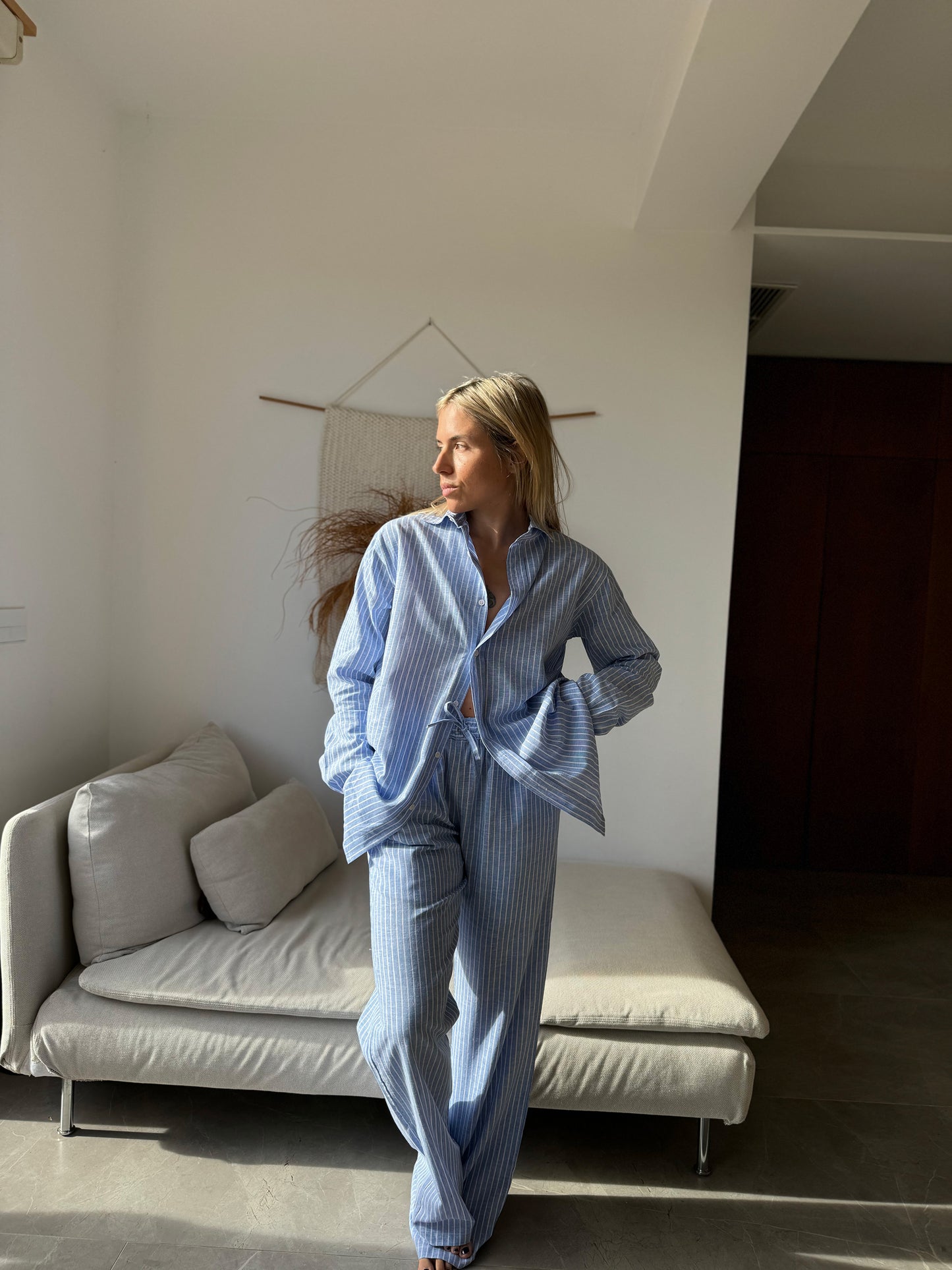 PAULIE Drawstring trousers Linen cotton blue-white striped - A Peace of Ibiza® Collection Trousers