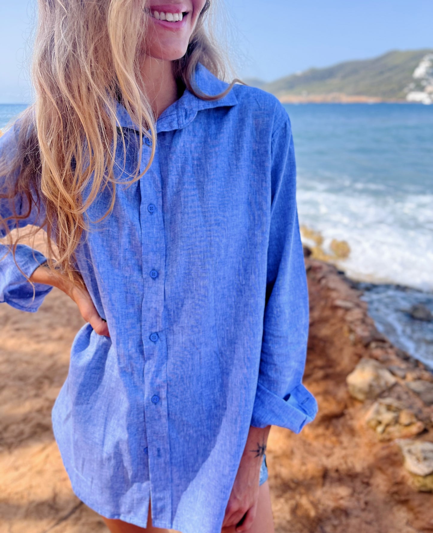 LIVIA BOYFRIENDSHIRT linen cotton jeansblue