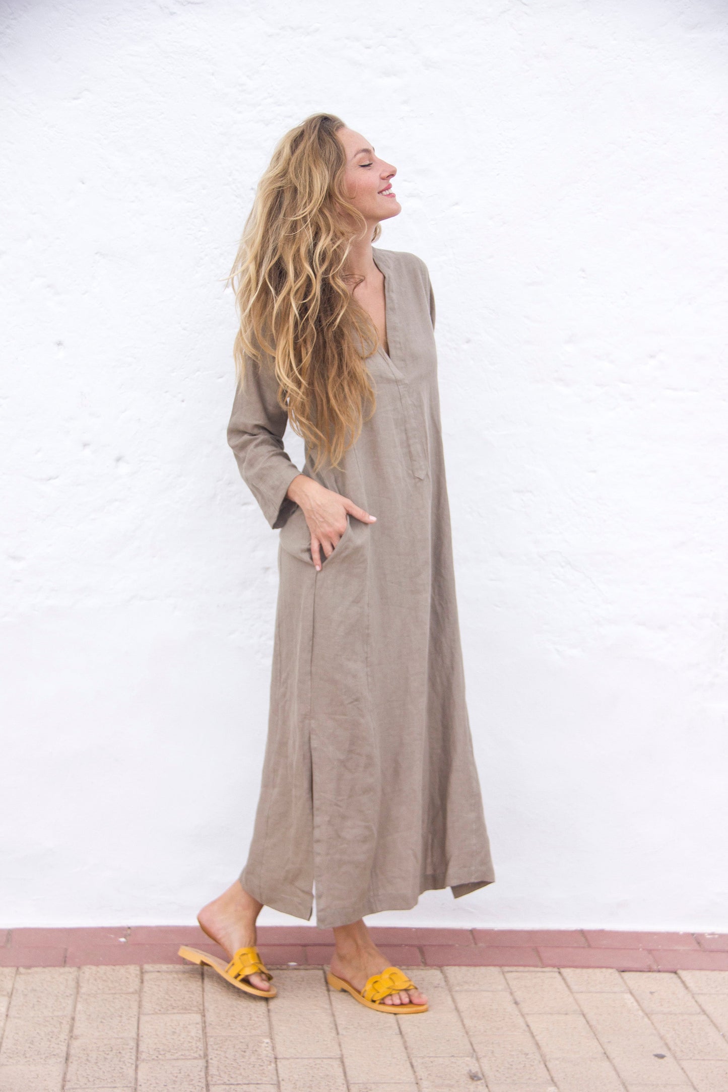 CAPRI Dress Belgium linen color willow - A Peace of Ibiza® Collection Kleider