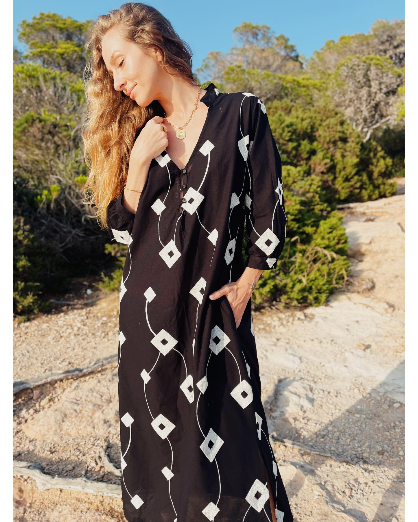 THALLASSO DRESS cotton with off white embroidery