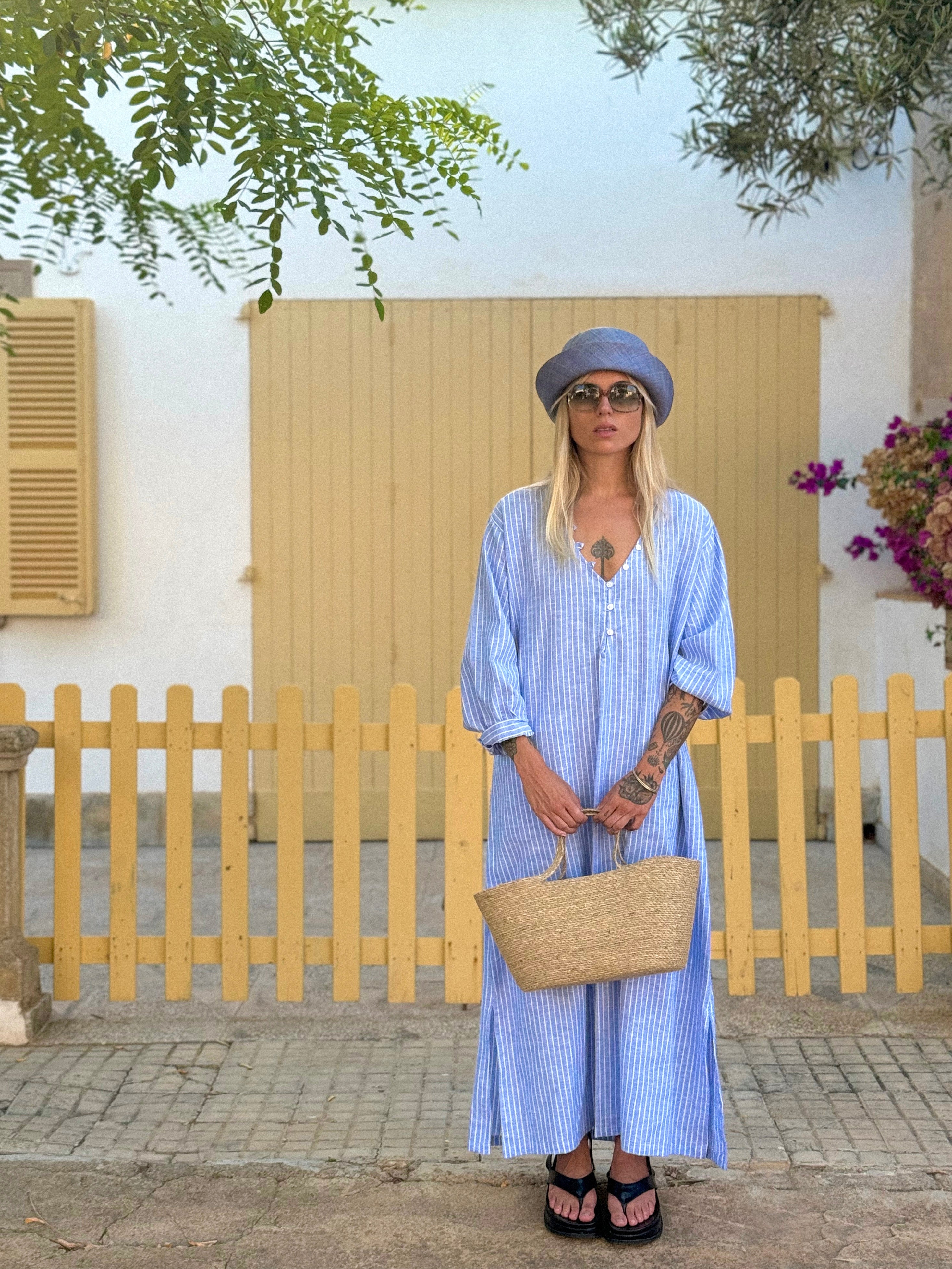 Linen cotten dress woman striped blue white sustainable made in ibiza S/M , M/L