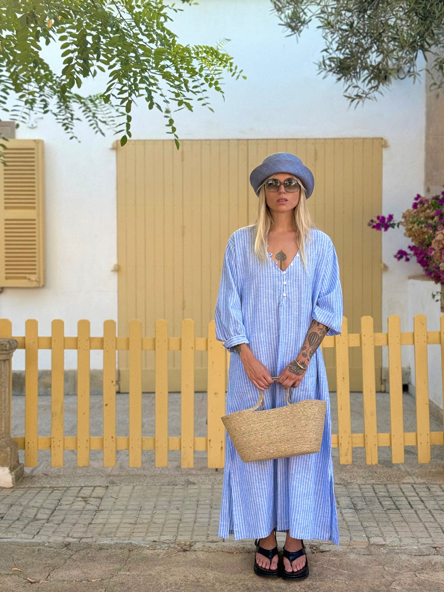 Linen cotten dress woman striped blue white sustainable made in ibiza S/M , M/L