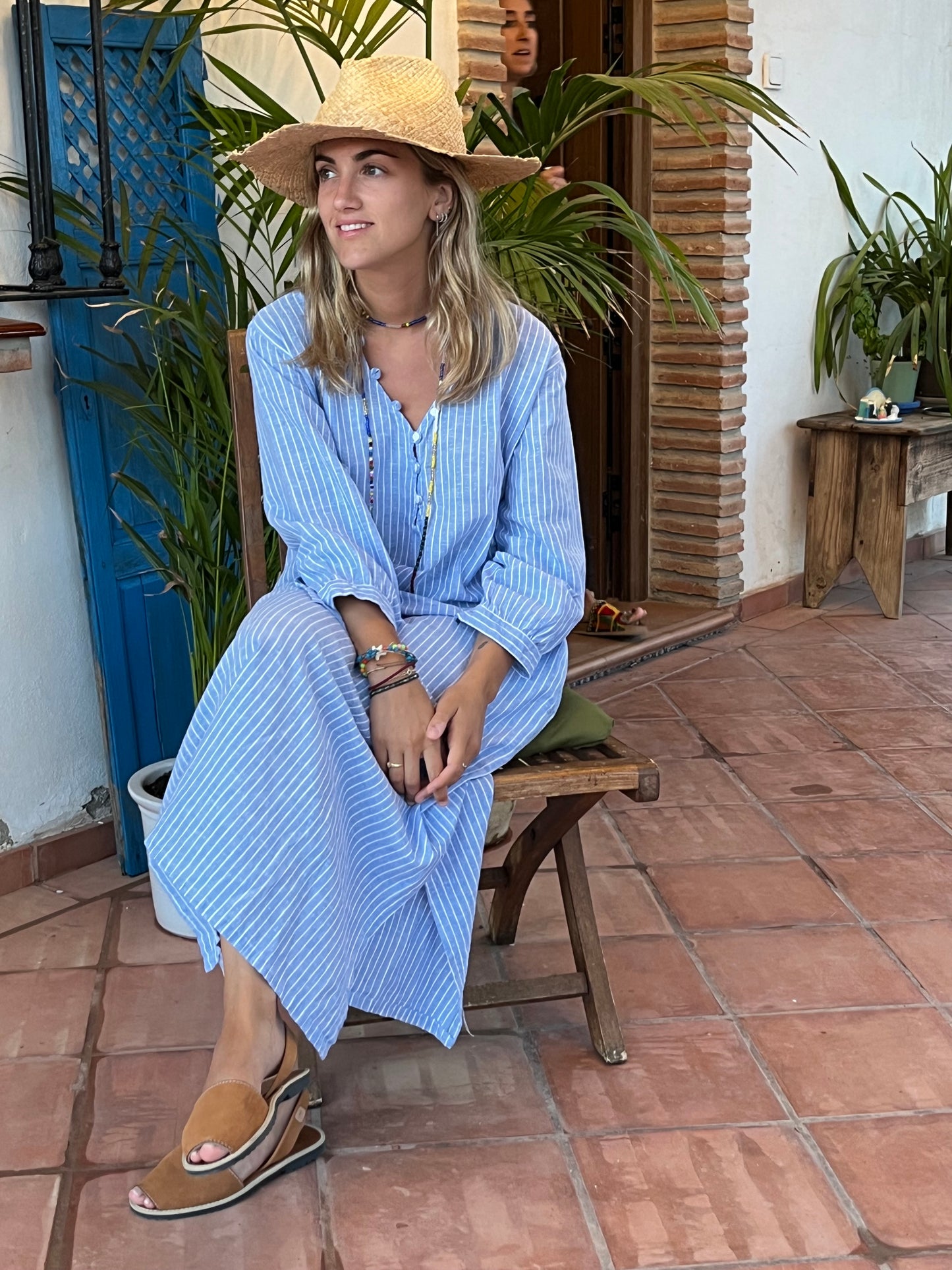 FRESNO Dress blue white stripes linen- cotton