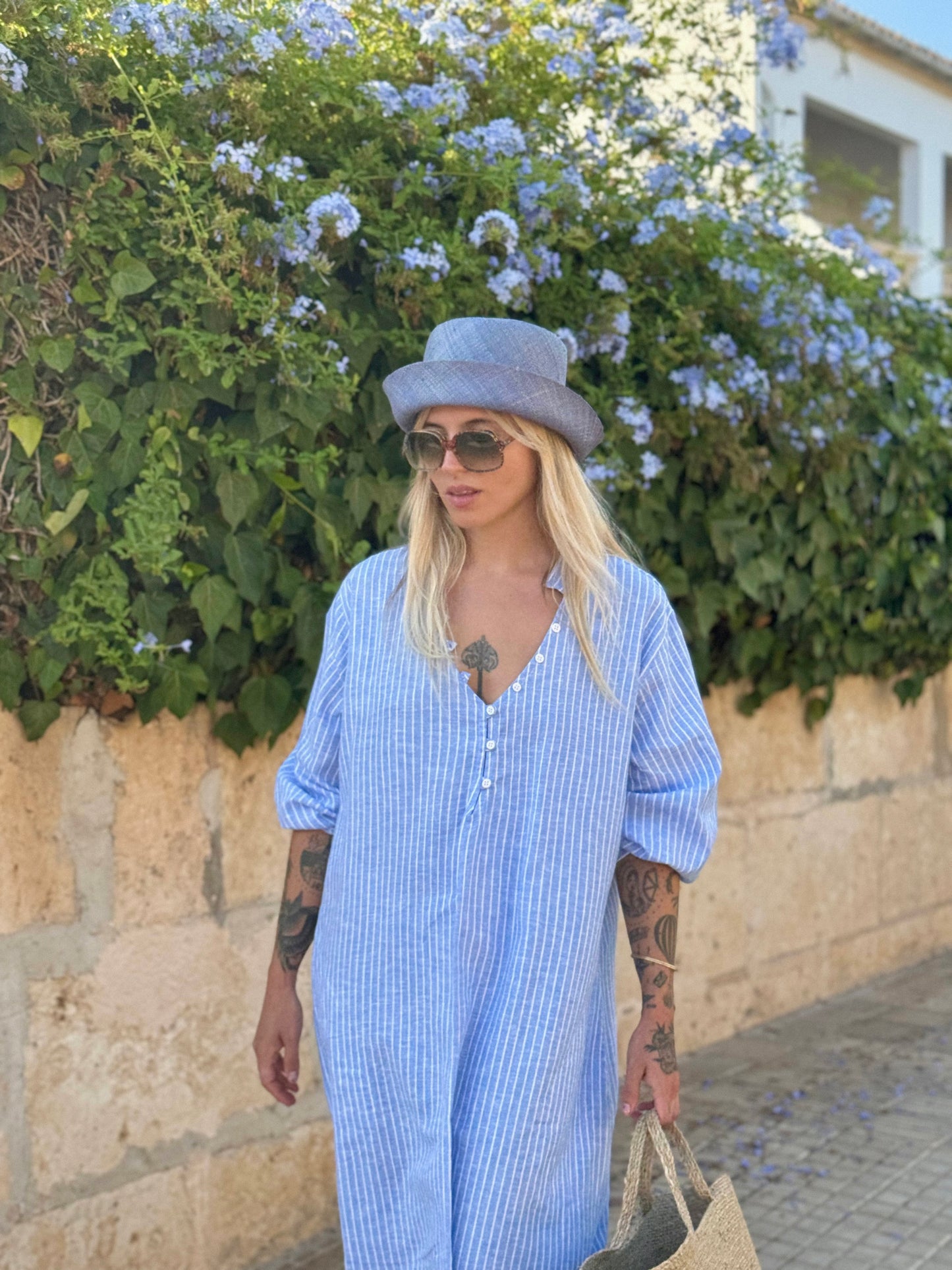 FRESNO Dress blue white stripes linen- cotton