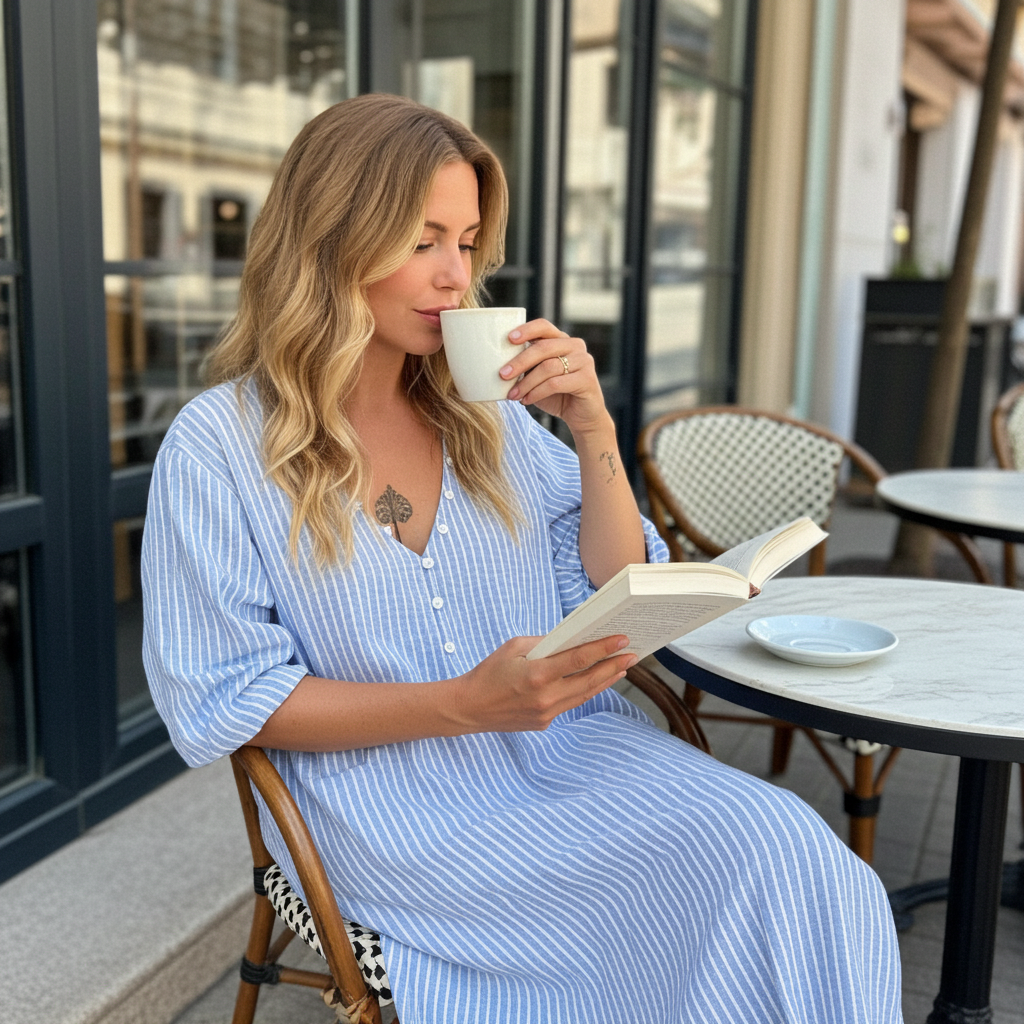 FRESNO Dress blue white stripes linen- cotton
