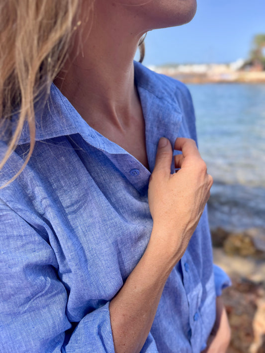 LIVIA BOYFRIENDSHIRT linen cotton jeansblue