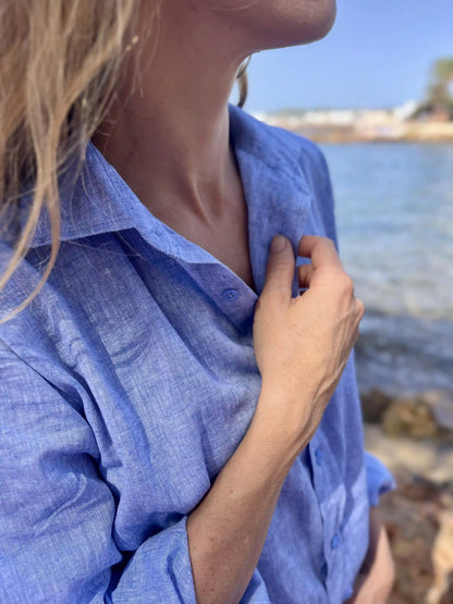 LIVIA BOYFRIENDSHIRT linen cotton jeansblue